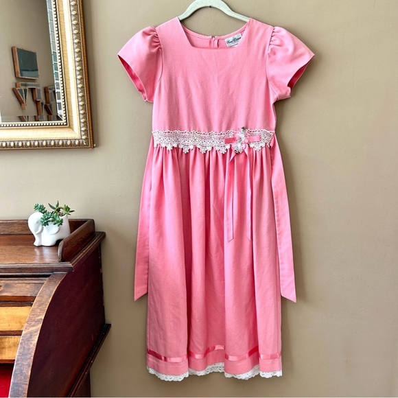 Vintage 80s 90s Rare Editions Pink Lace Short Puff Sleeve Girl's Dress 10 / 12 - Picture 1 of 8
